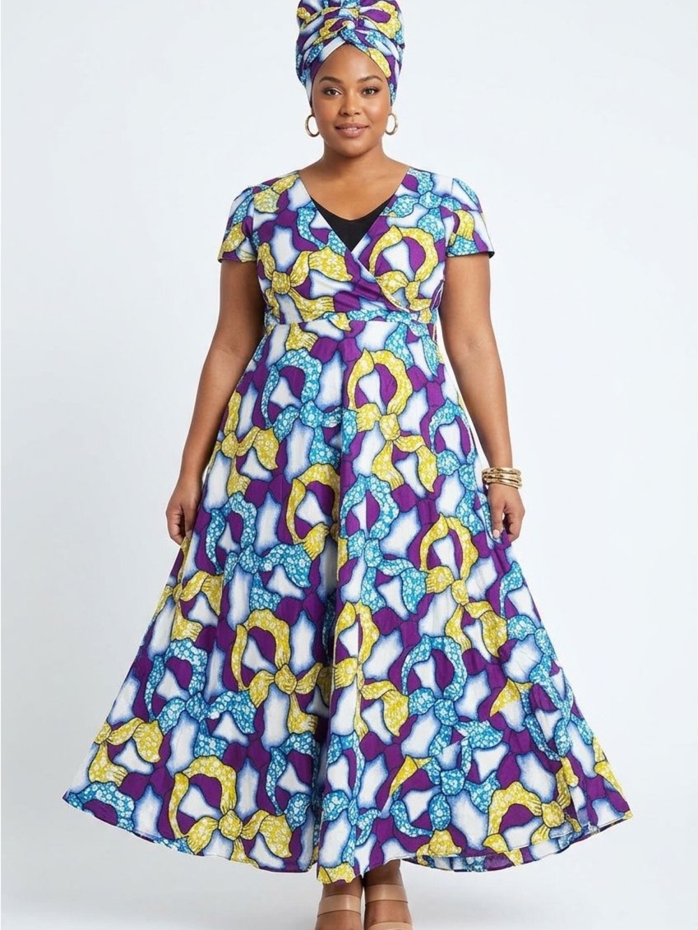 Plus-Size Purple & Yellow Floral Wrap Maxi Dress
